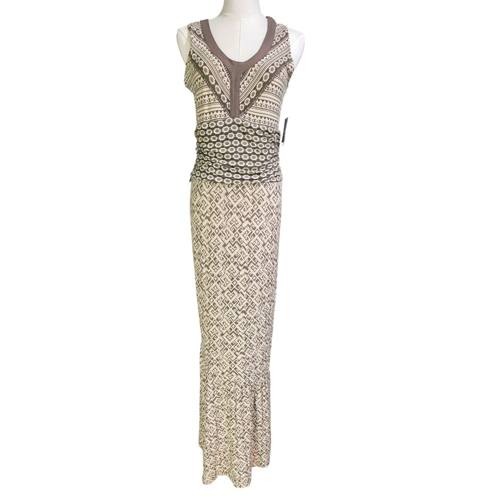 Athleta Maxi Dress Womens Medium Brown Cream‎ Tribal Geometric Ruched New